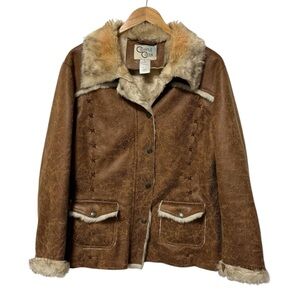 Cripple Creek Faux Fur Coat Womens Large Y2K Penny Lane Jacket Coastal Cowgirl